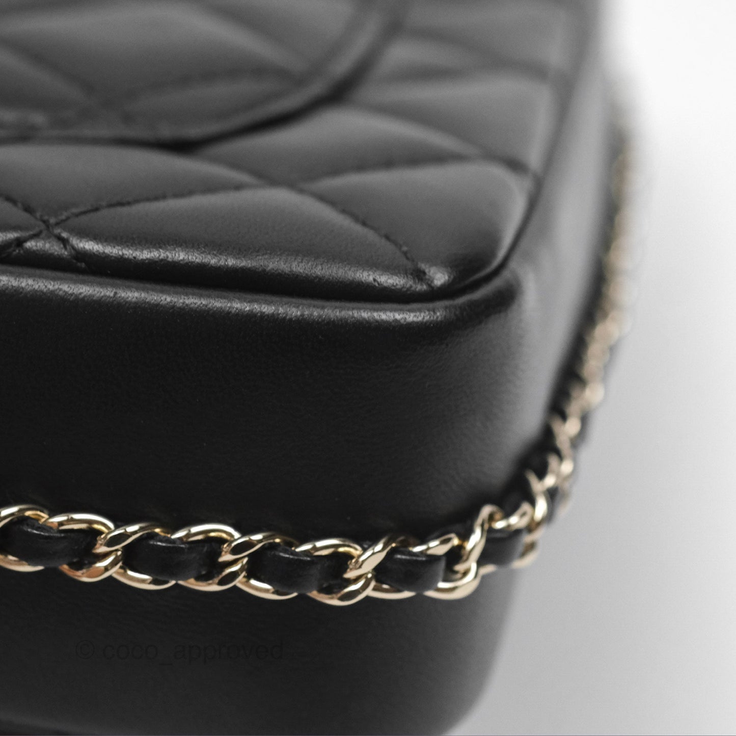 Chanel Logo Pearl Chain Flap Bag Black Lambskin Gold Hardware