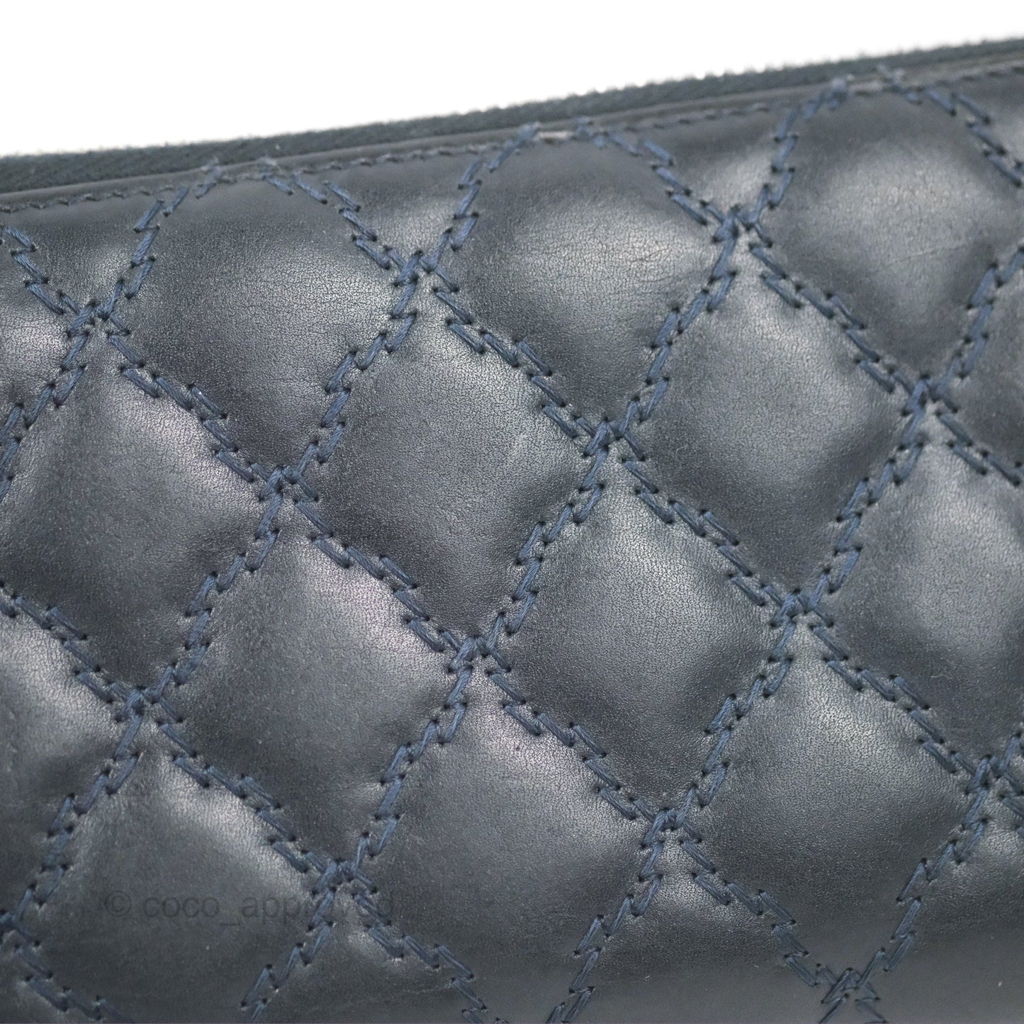 Chanel Quilted Zip Long Wallet Navy Lambskin Silver Hardware