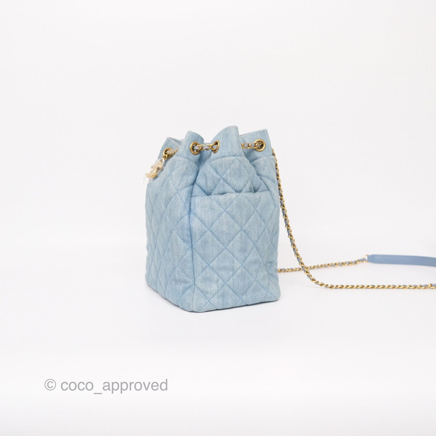 Chanel Drawstring Bucket Bag Denim Blue Aged Gold Hardware