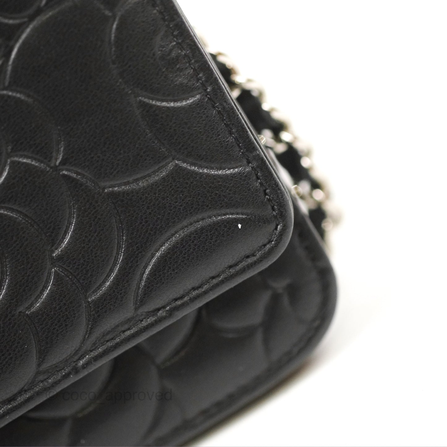 Chanel Camellia Embossed Wallet on Chain WOC Black Lambskin Silver Hardware