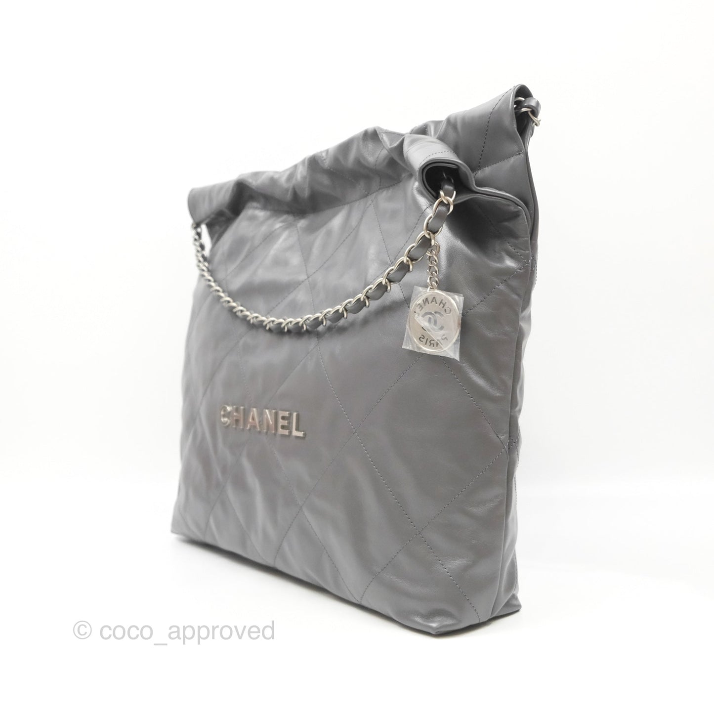 Chanel 22 Medium Grey Shiny Aged Calfskin Matte Silver Hardware