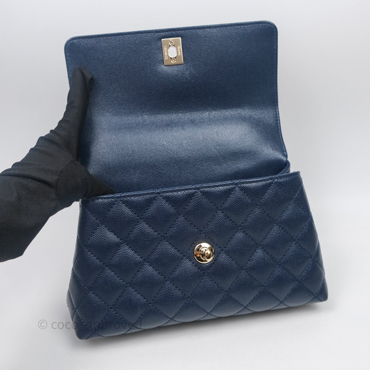 Chanel Small Coco Handle Navy Caviar Gold Hardware Lizard Handle