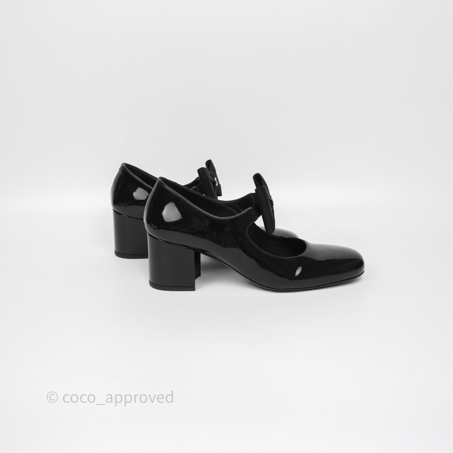 Chanel CC Ribbon Mary Jane Block Heels Black Patent 24C Size 39.5