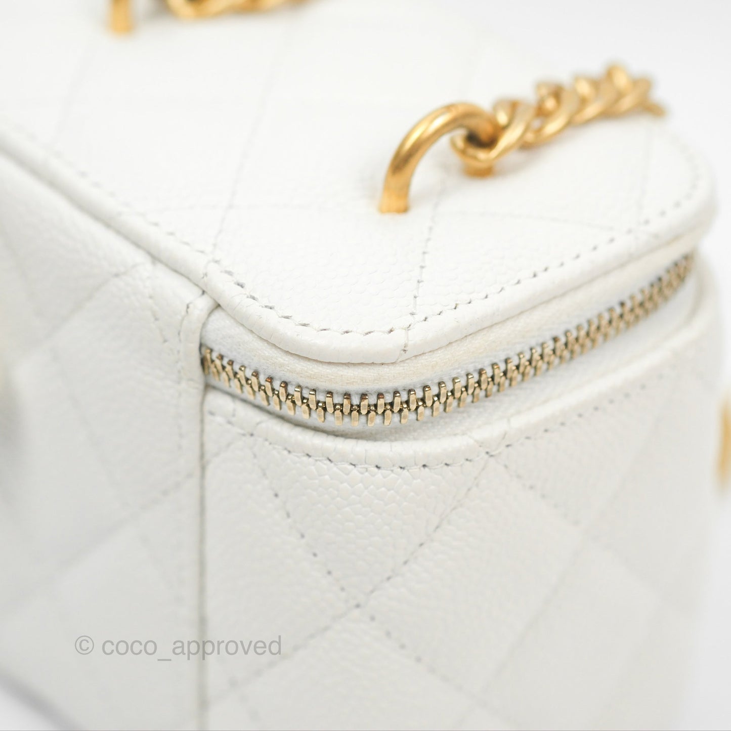 Chanel Quilted Heart Crush Mini Vanity With Chain White Caviar Aged Gold Hardware