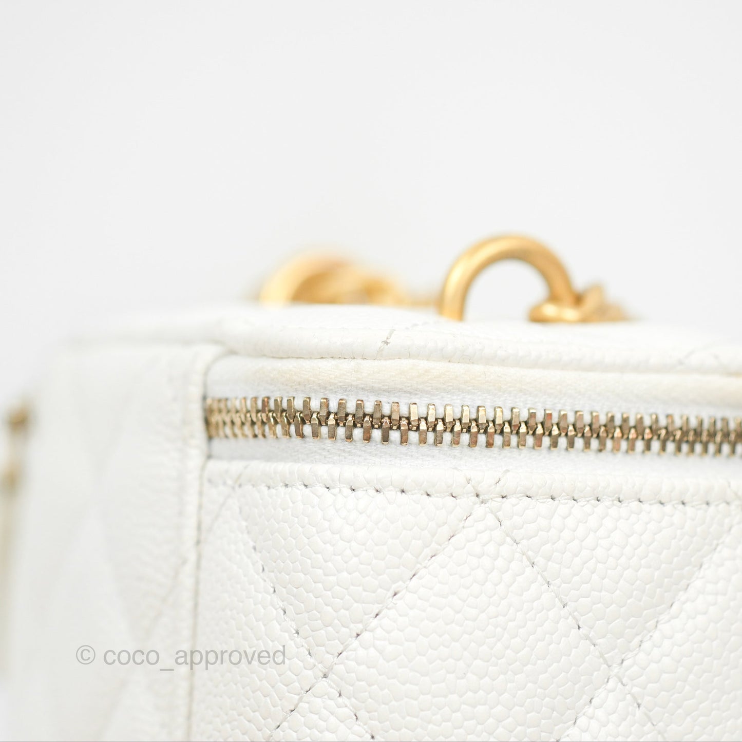 Chanel Quilted Heart Crush Mini Vanity With Chain White Caviar Aged Gold Hardware