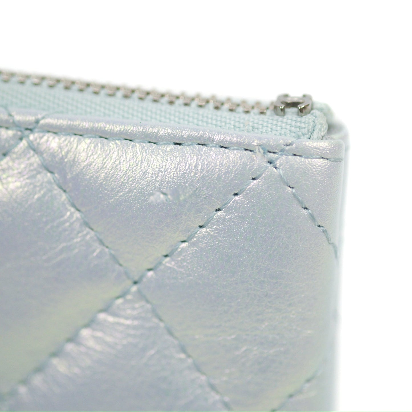 Chanel Quilted Mini O Case Iridescent Icy Blue Calfskin Silver Hardware