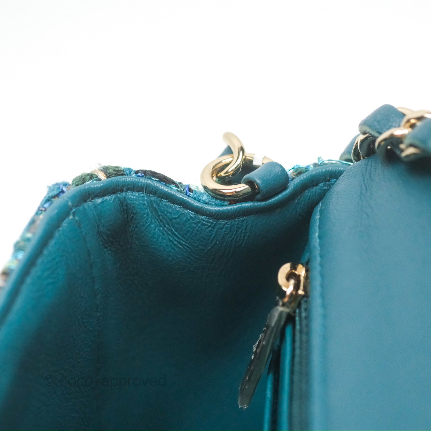 Chanel Mini Rectangular Flap Teal Tweed Gold Hardware