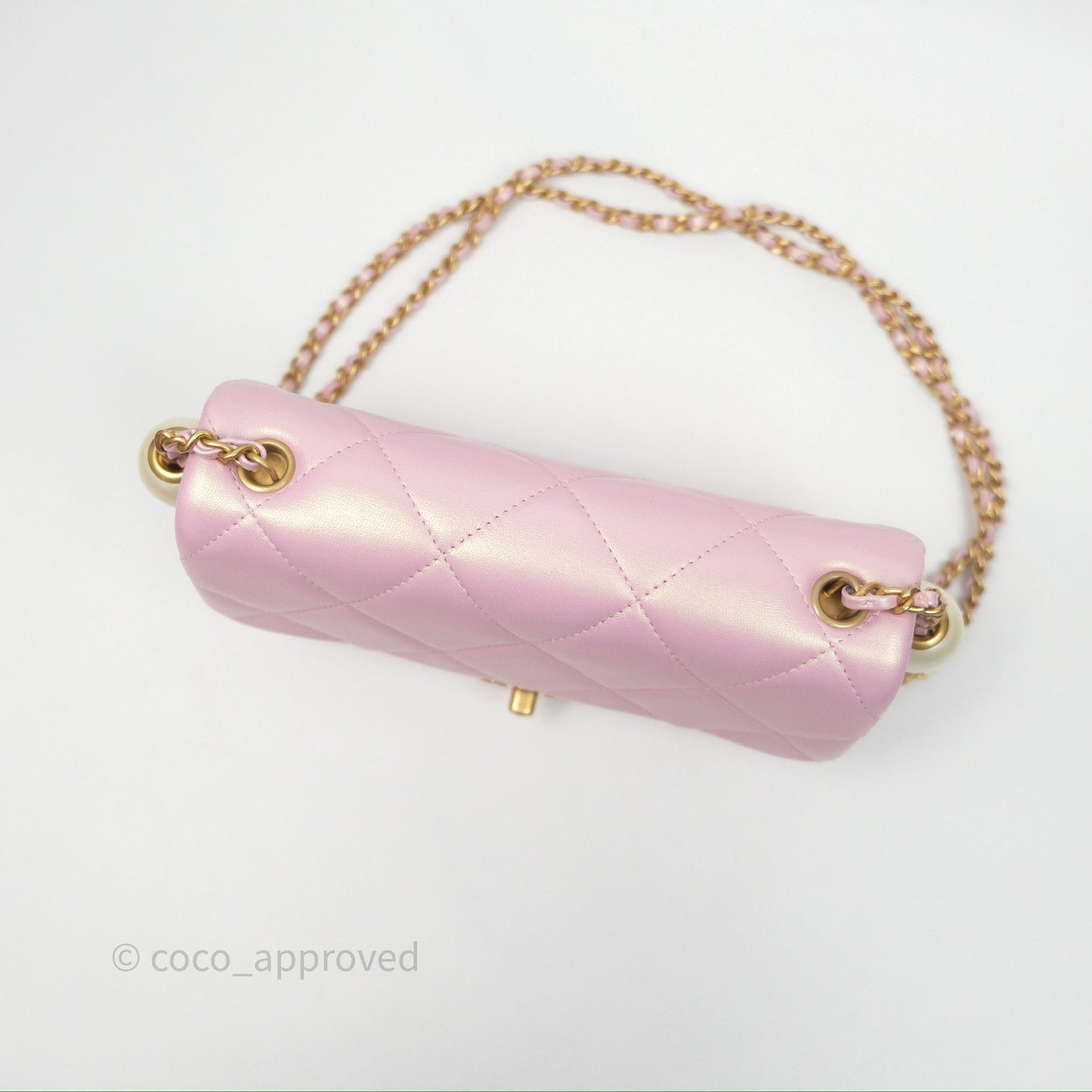 Chanel Mini Flap Bag With Pearl Adjustable Chain Iridescent Pink Lambskin Aged Gold Hardware