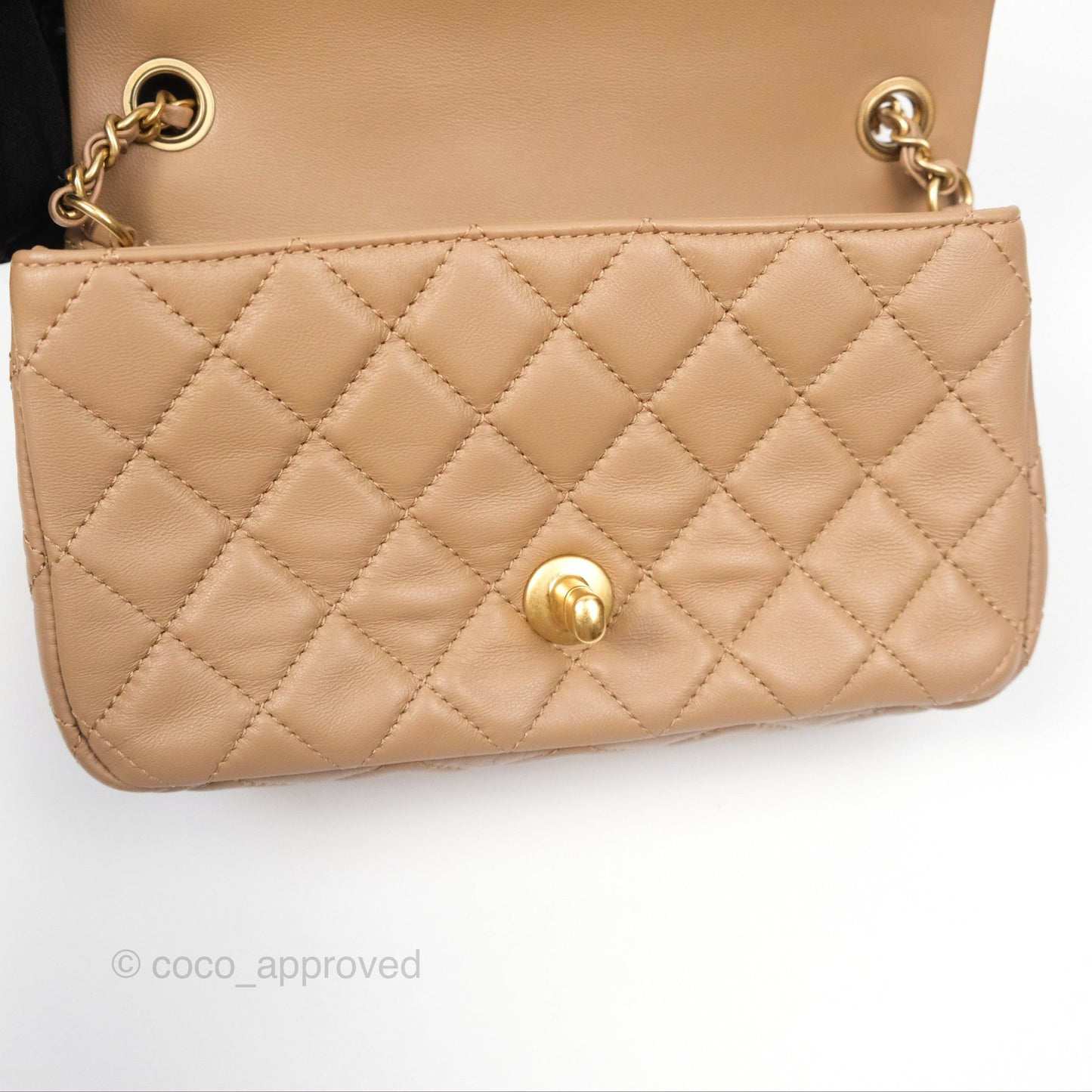 Chanel Mini Rectangular Pearl Crush Quilted Beige Lambskin Aged Gold Hardware