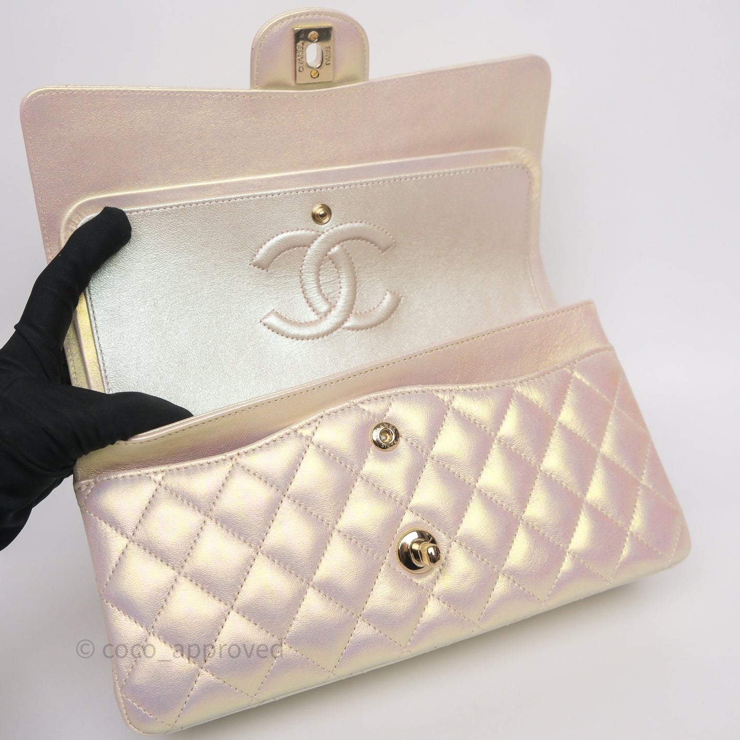 Chanel Classic Medium Double Flap Iridescent Beige Gold Hardware 21S