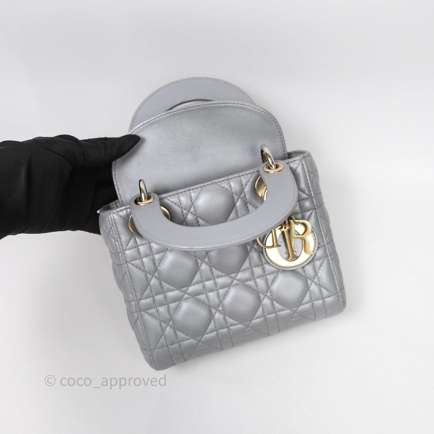 Christian Dior Mini Lady Dior Iridescent Grey Lambskin Cannage Gold Hardware