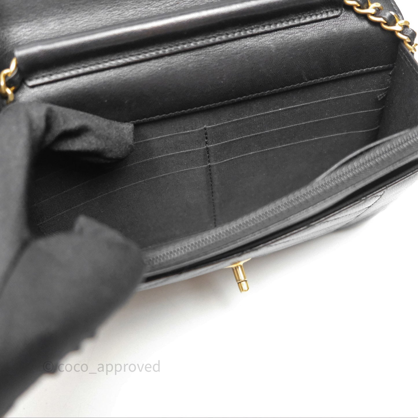 Chanel Reversed Chevron Wallet On Chain WOC Black Lambskin Aged Gold Hardware