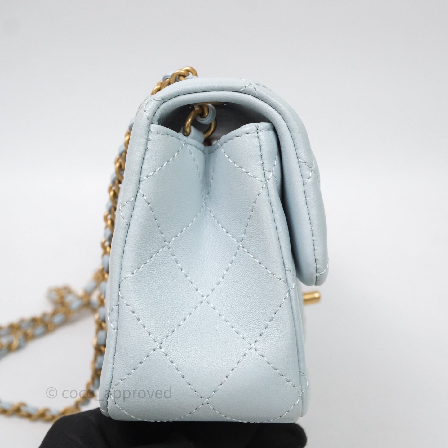 Chanel Pearl Crush Mini Rectangular Light Blue Lambskin Aged Gold Hardware