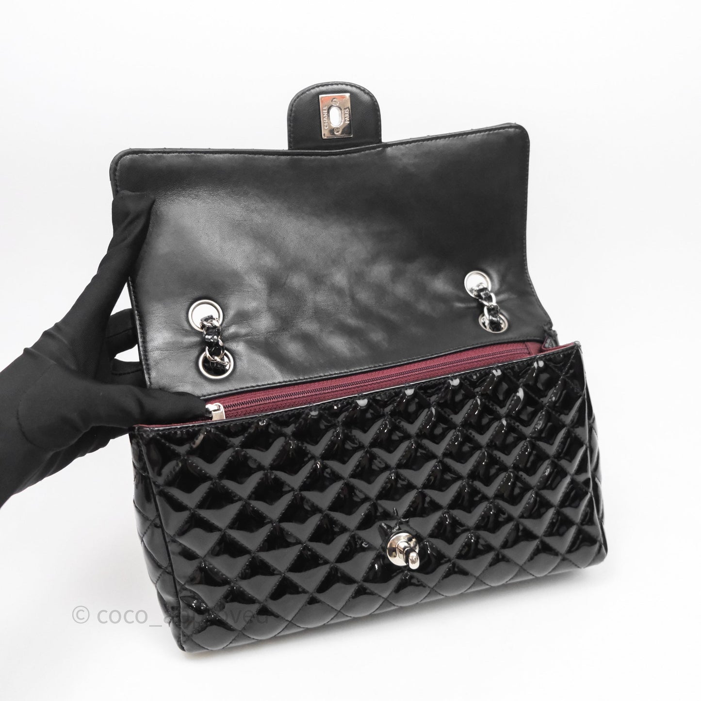 Chanel Quilted Medium Flap Black Patent Silver Hardware