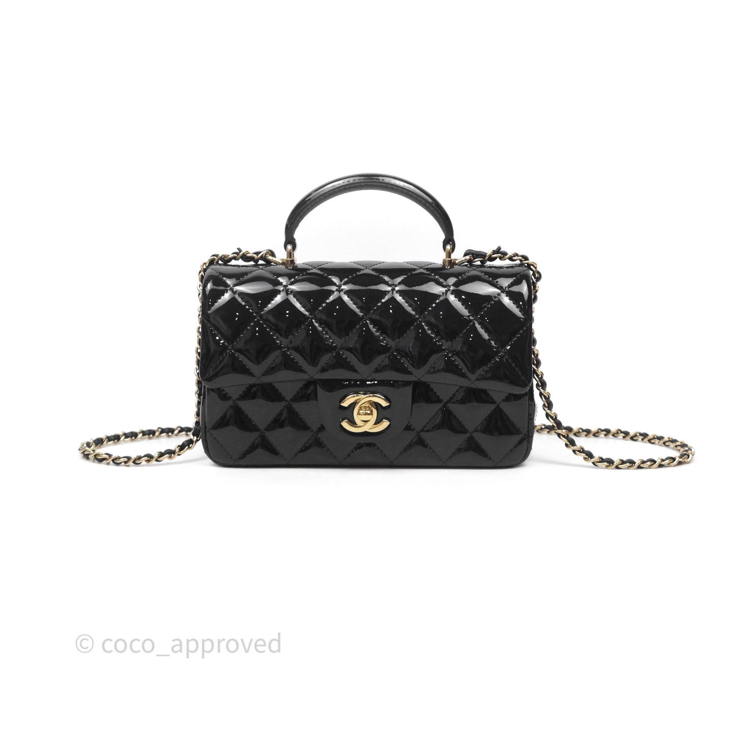 Chanel Top Handle Mini Rectangular Flap Black Patent Gold Hardware
