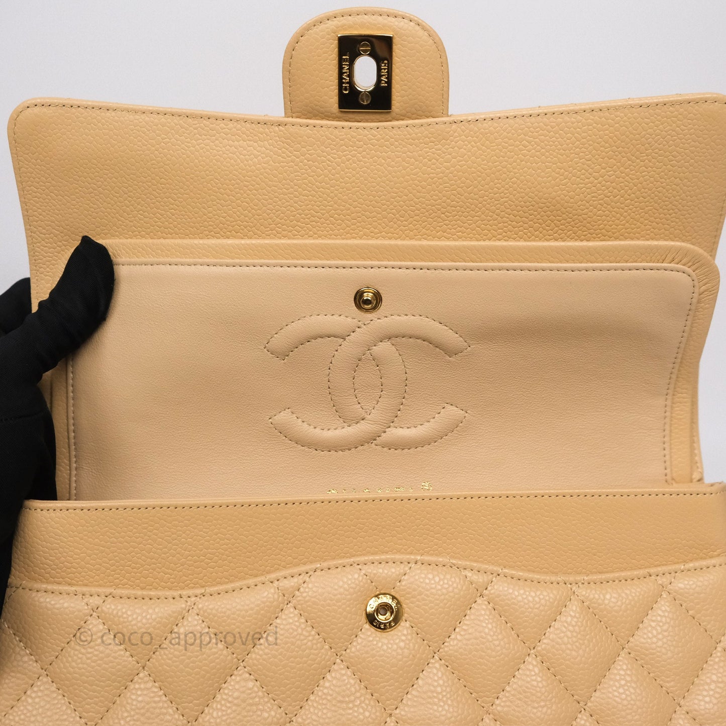 Chanel M/L Medium Classic Flap Quilted Beige Caviar Gold Hardware