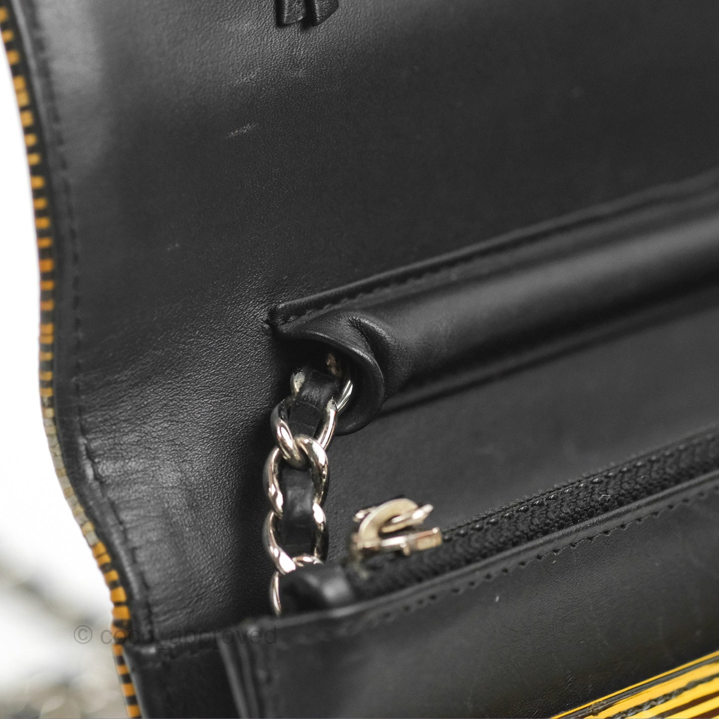 Chanel Wallet on Chain Yellow Black Striped Patent Silver Hardware