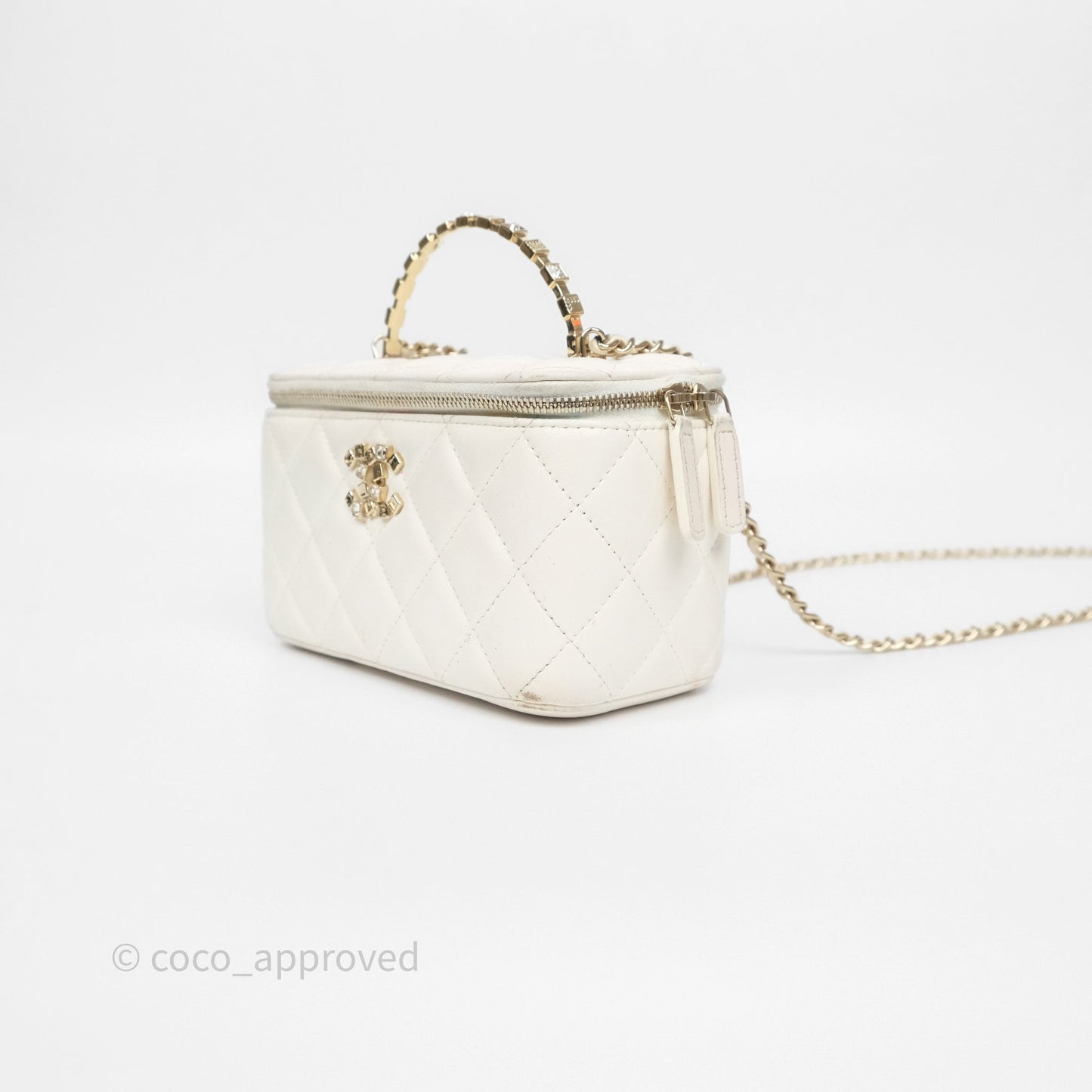 Chanel Logo Crystals Top Handle Vanity Rectangular White Lambskin Gold Hardware