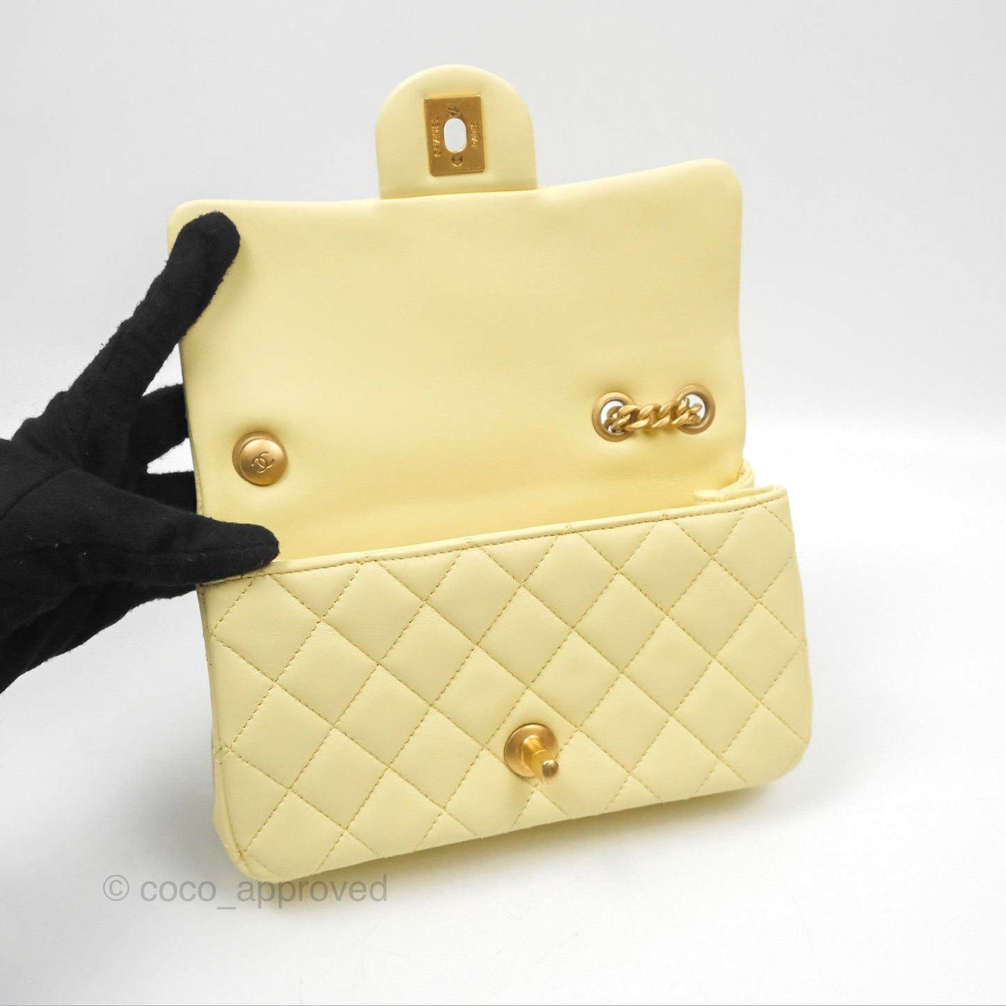 Chanel Mini Rectangular Flap with Camellia Adjustable Chain Yellow Lambskin Aged Gold Hardware 23S