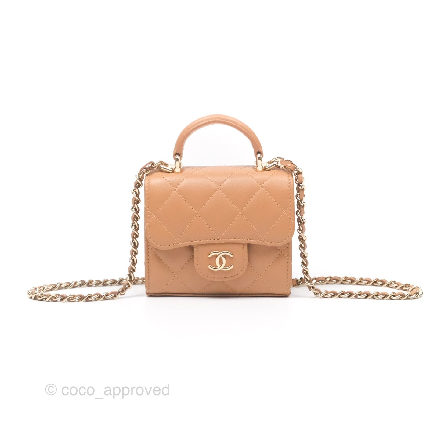 Chanel Mini Handle Clutch With Chain Caramel Lambskin Gold Hardware