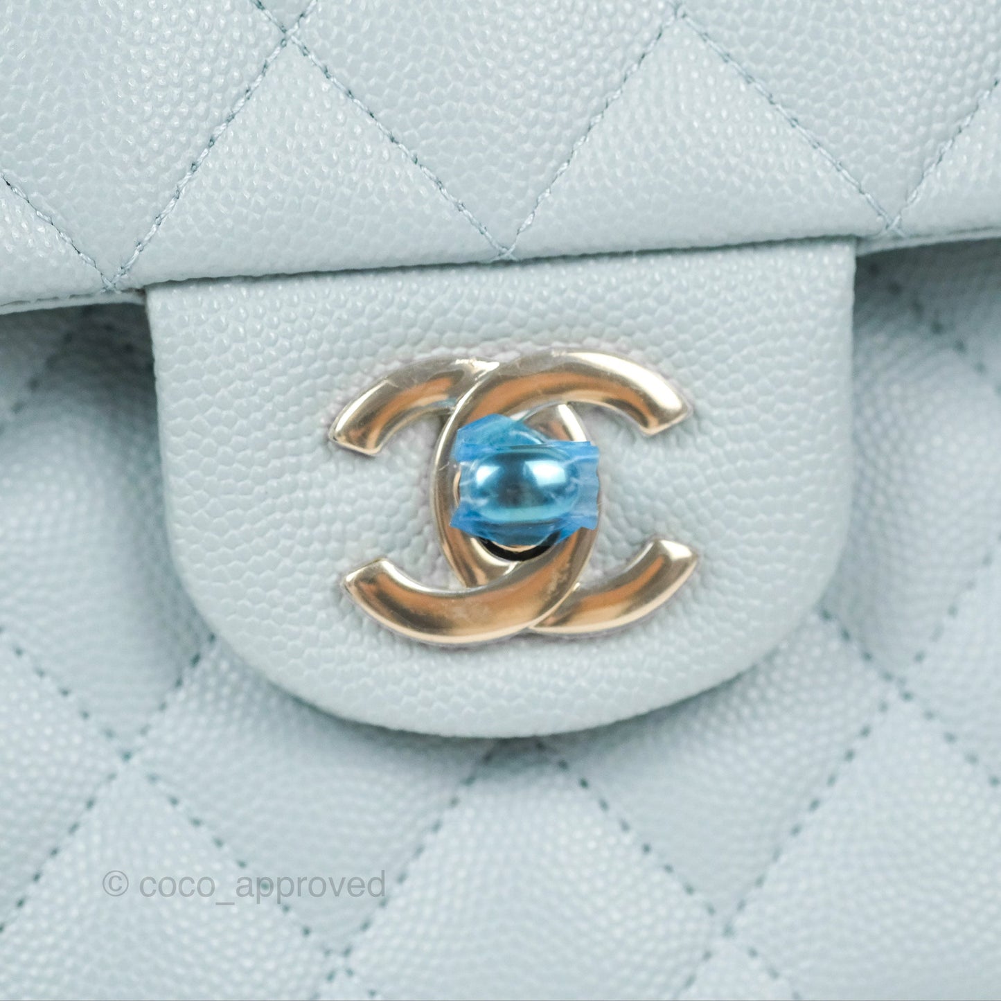 Chanel Small Classic Quilted Flap Light Blue Caviar Gold Hardware 22P