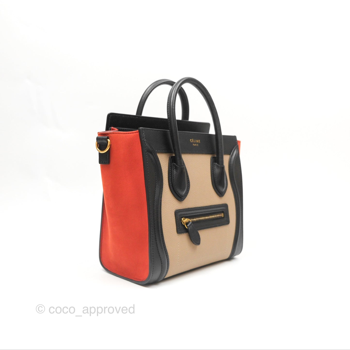 Celine Nano Luggage Grained Calfskin Gold Hardware Orange/Black/Beige