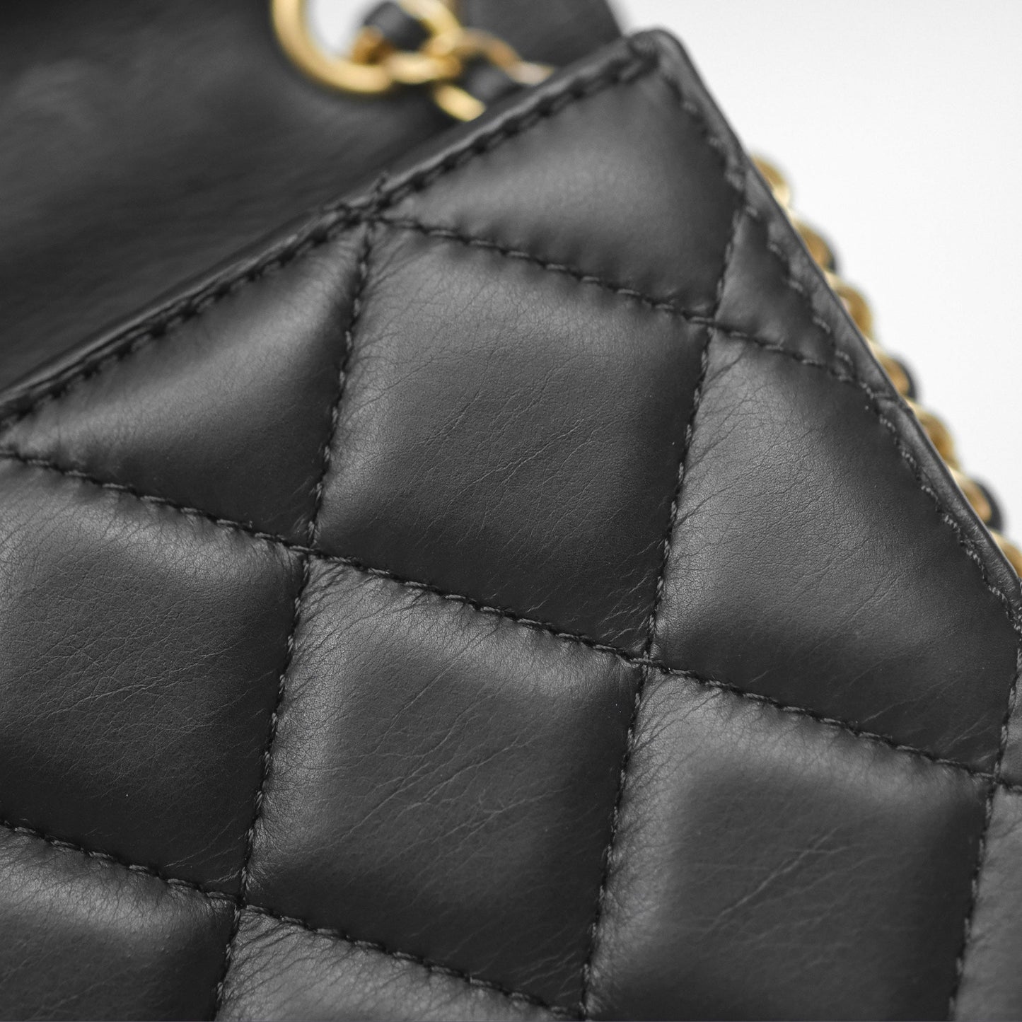 Chanel Quilted Side Chain Flap Bag Black Calfskin Aged Gold Hardware