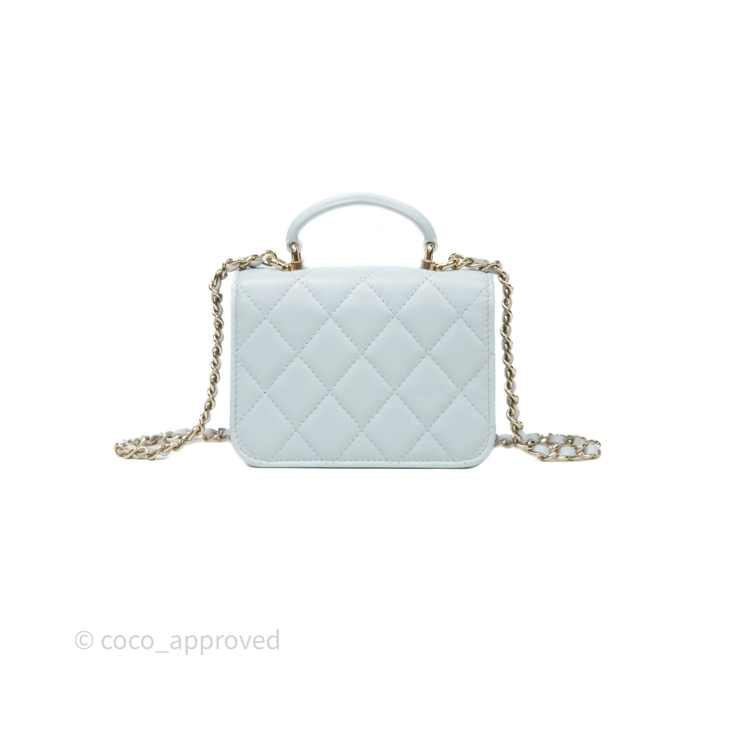 Chanel Mini Handle Flap Coin Purse With Chain Light Blue Lambskin Gold Hardware