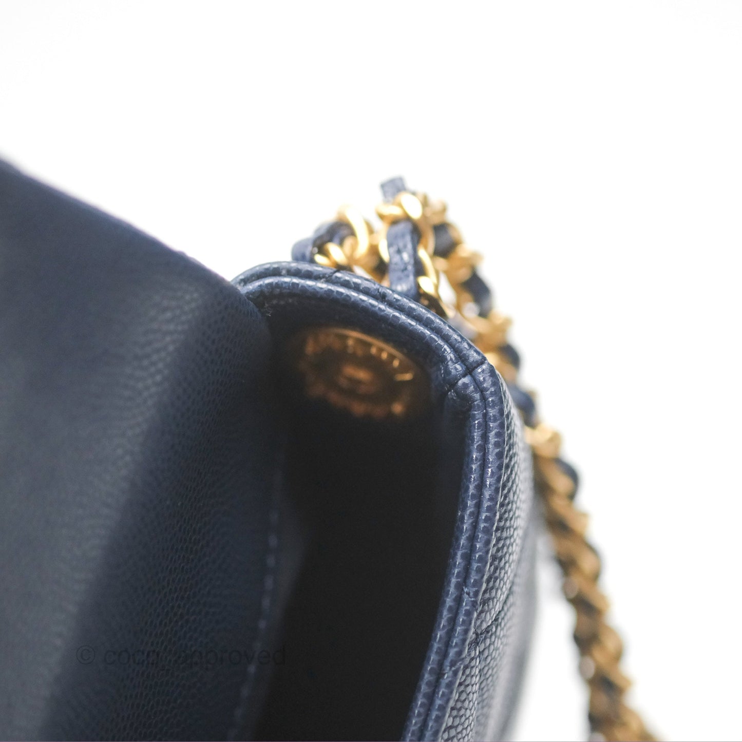 Chanel Mini Flap with Coin Charm Navy Caviar Aged Gold Hardware 22A