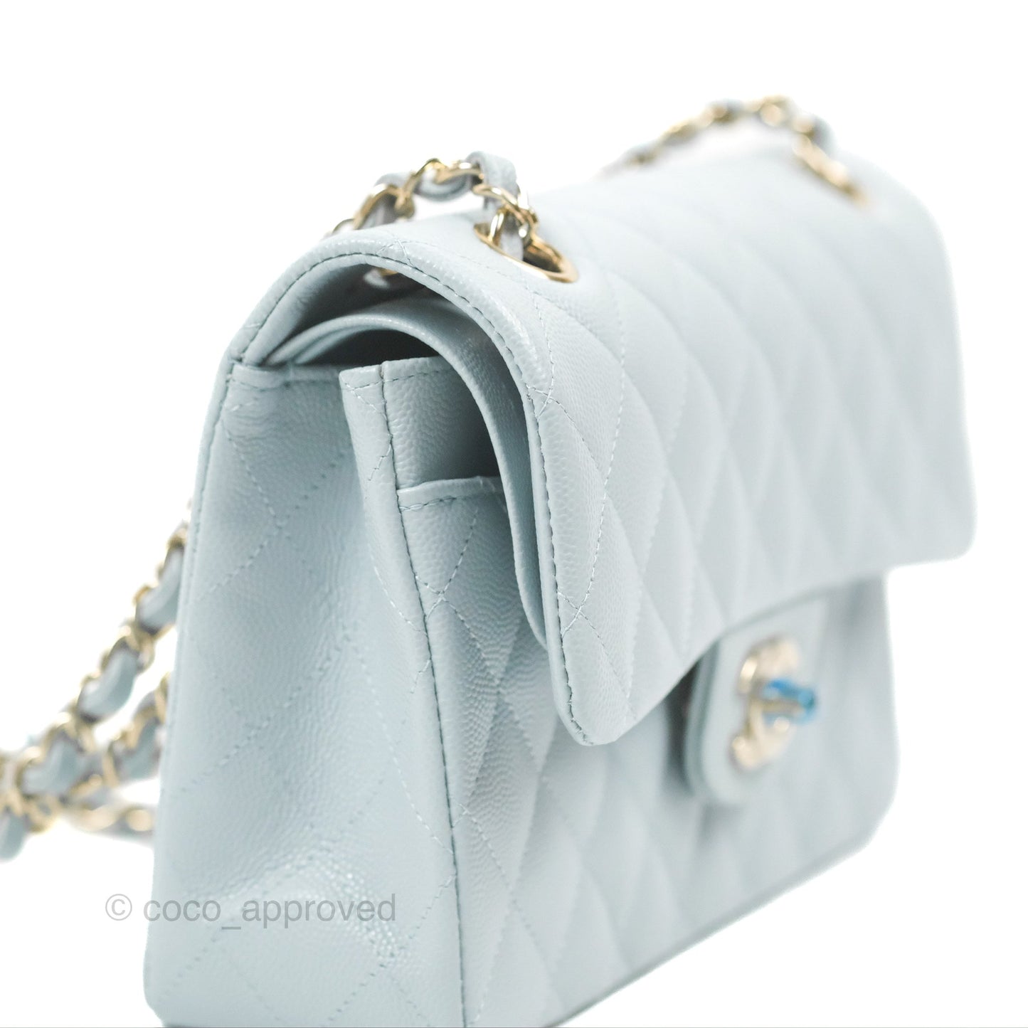 Chanel Small Classic Quilted Flap Light Blue Caviar Gold Hardware 22P