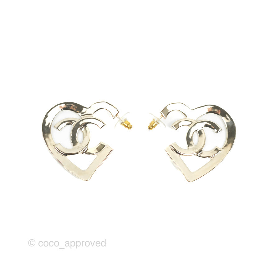 Chanel CC Heart Hoop Earrings Gold Tone 22P
