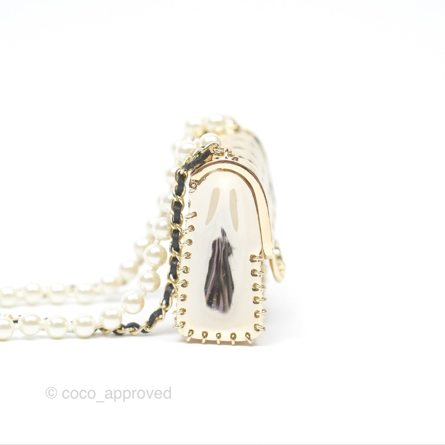 Chanel Flap Bag Charm Pearl Chain Black Leather Long Necklace Gold Tone 21S