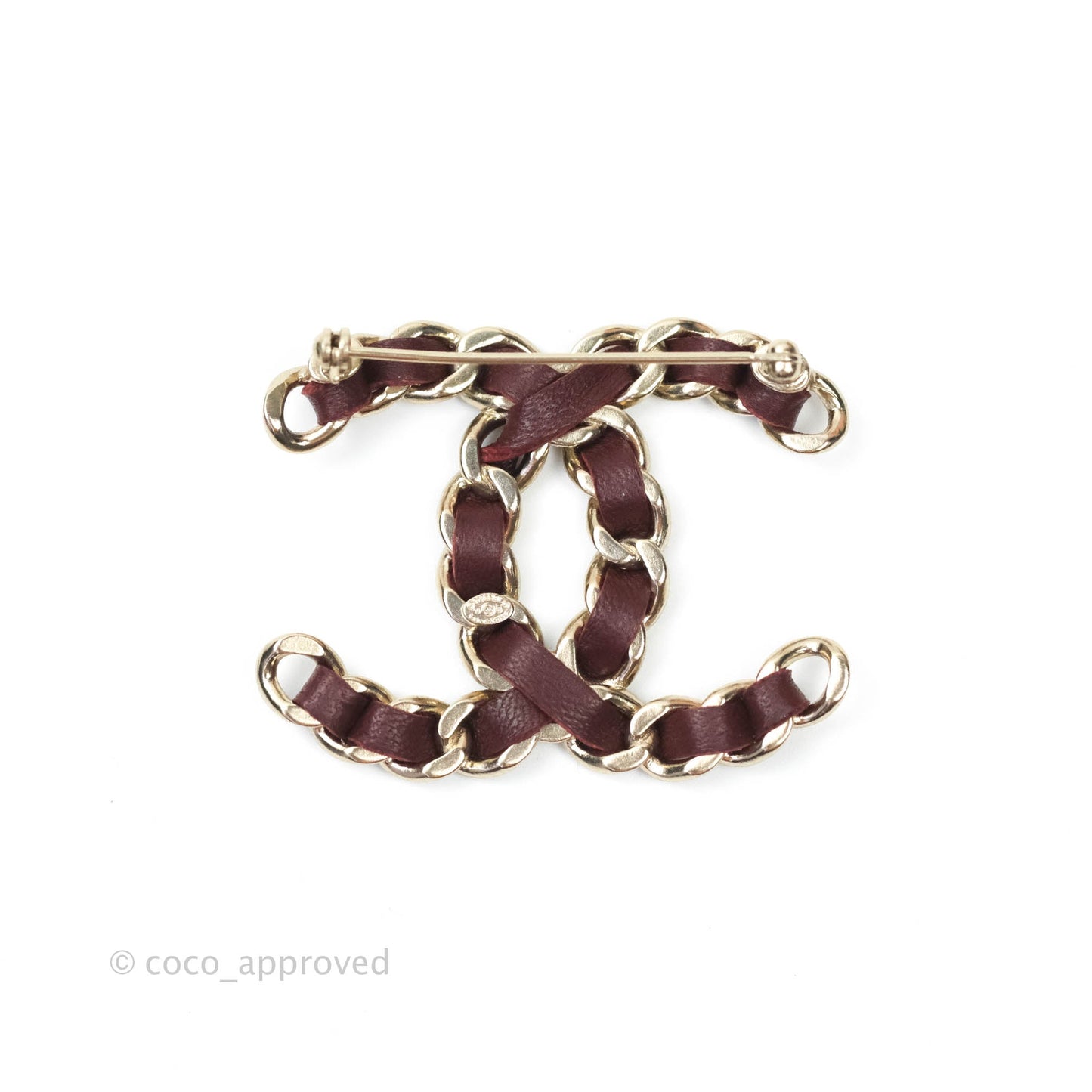 Chanel CC Braided Leather Burgundy Brooch Gold Tone 16B