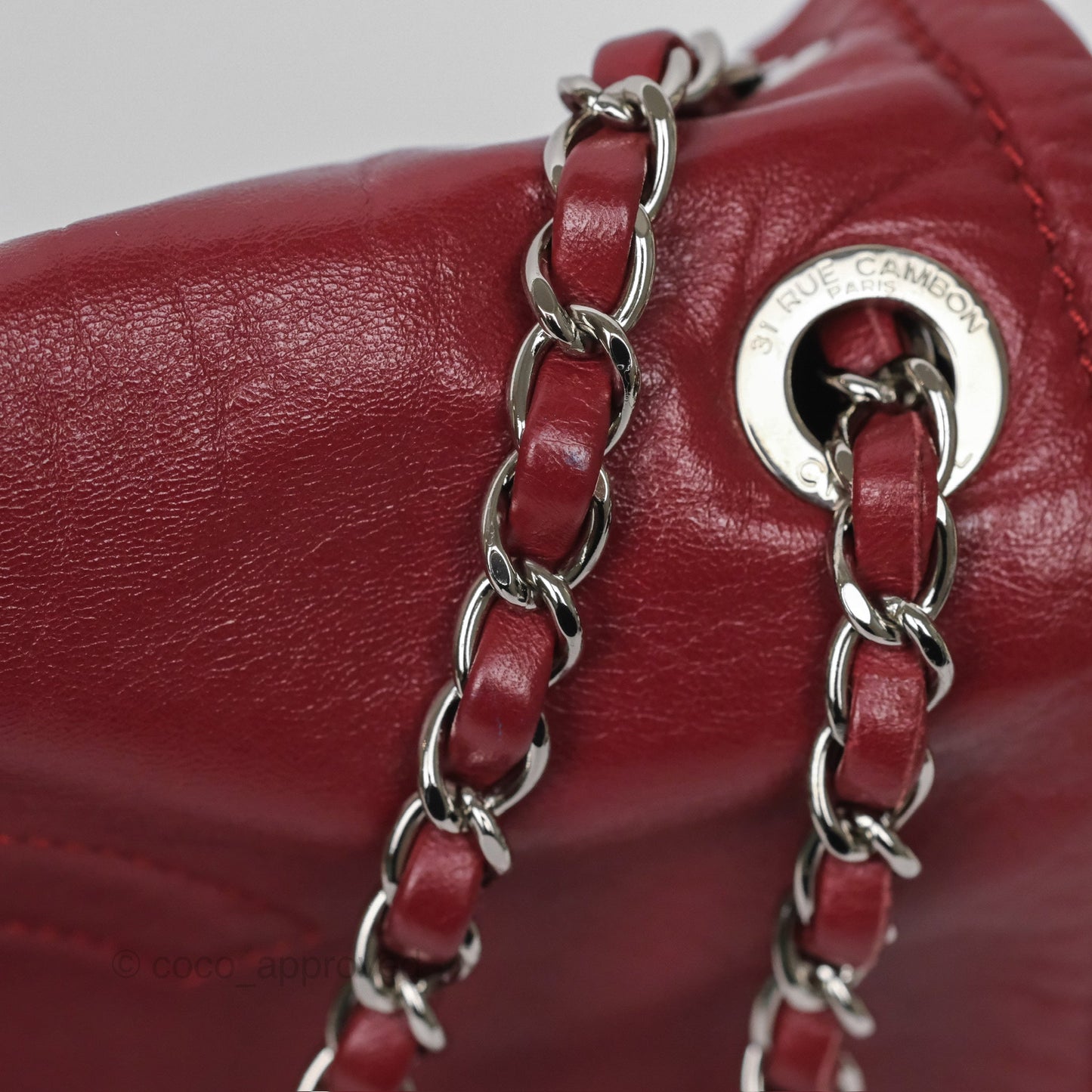 Chanel CC Flap Shoulder Bag Dark Red Crumpled Leather Silver Hardware