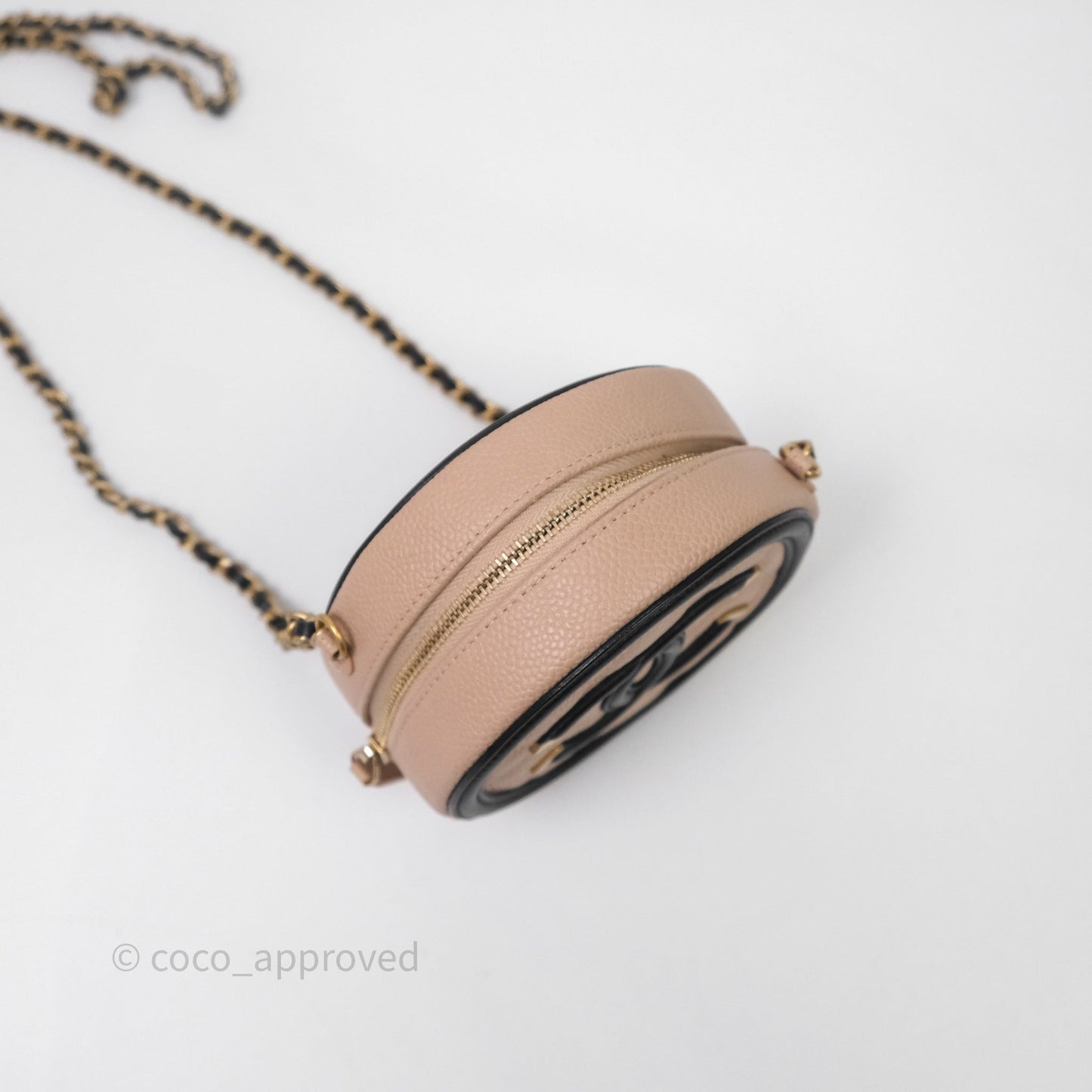 Chanel Quilted Round Filigree Clutch With Chain Beige/ Black Caviar Aged Gold Hardware