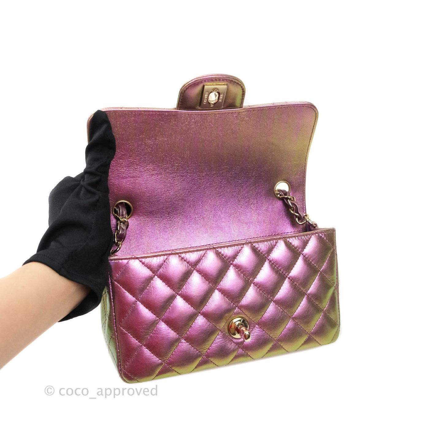 Chanel Classic Quilted Mini Rectangular Flap Metallic Purple Calfskin Gold Hardware