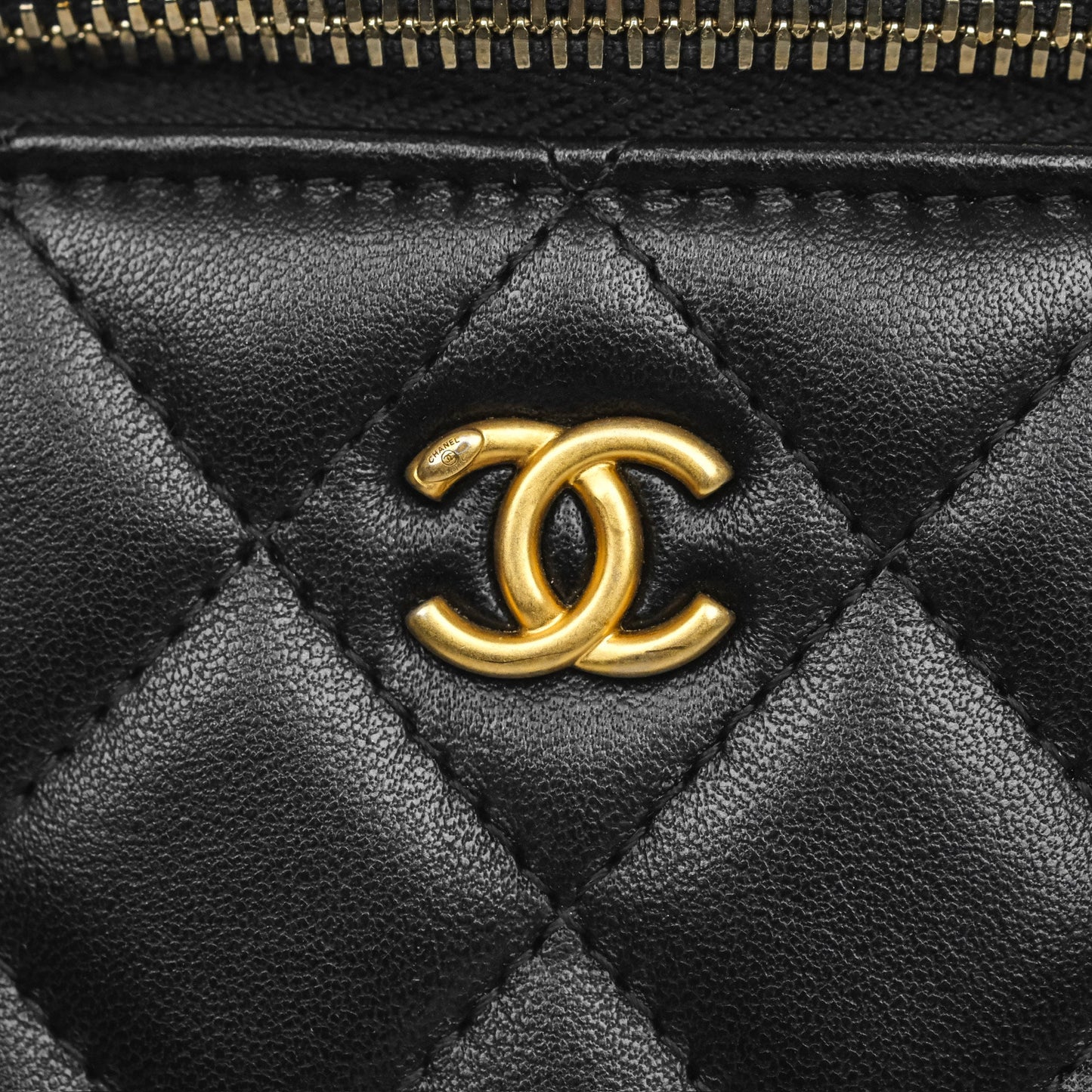 Chanel Quilted Pearl Crush Mini Vanity With Chain Black Lambskin Aged Gold Hardware