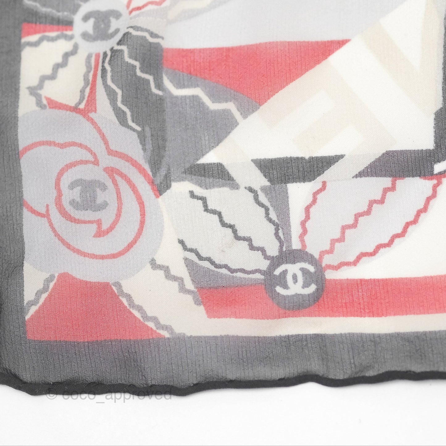 Chanel CC Silk Square Scarf 90 Grey/Red/White