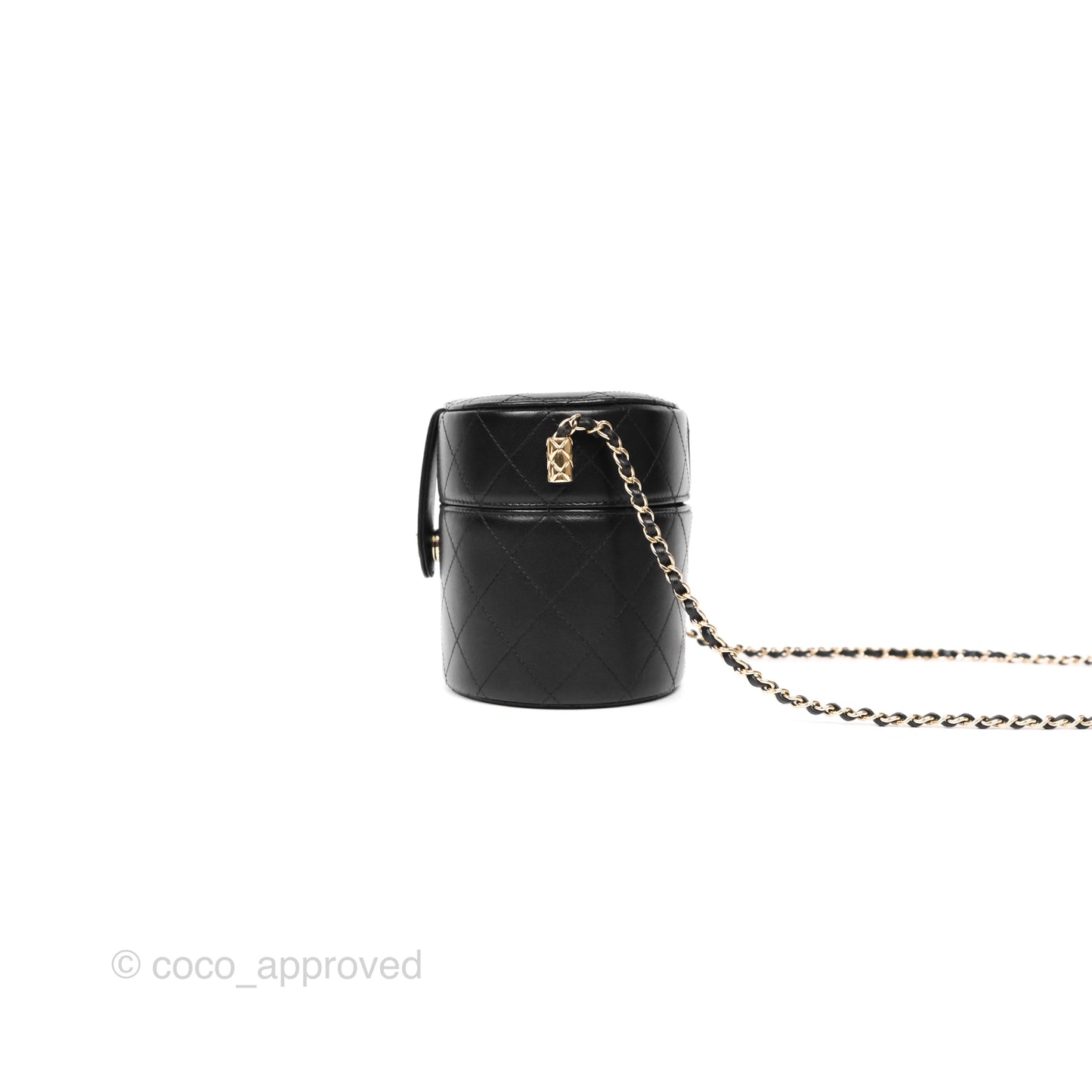 Chanel Quilted Round Vanity Clutch With Chain Black Lambskin Gold Hardware