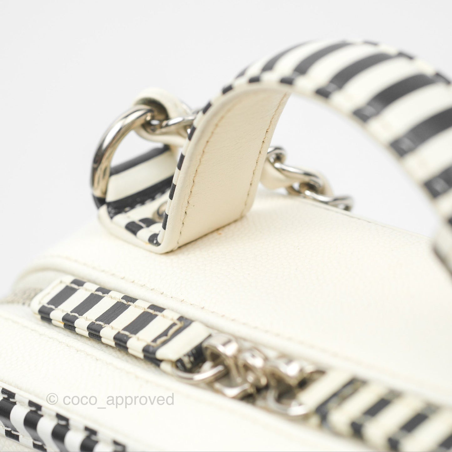 Chanel Quilted Medium CC Filigree Vanity Case White Black Stripe Caviar Silver Hardware