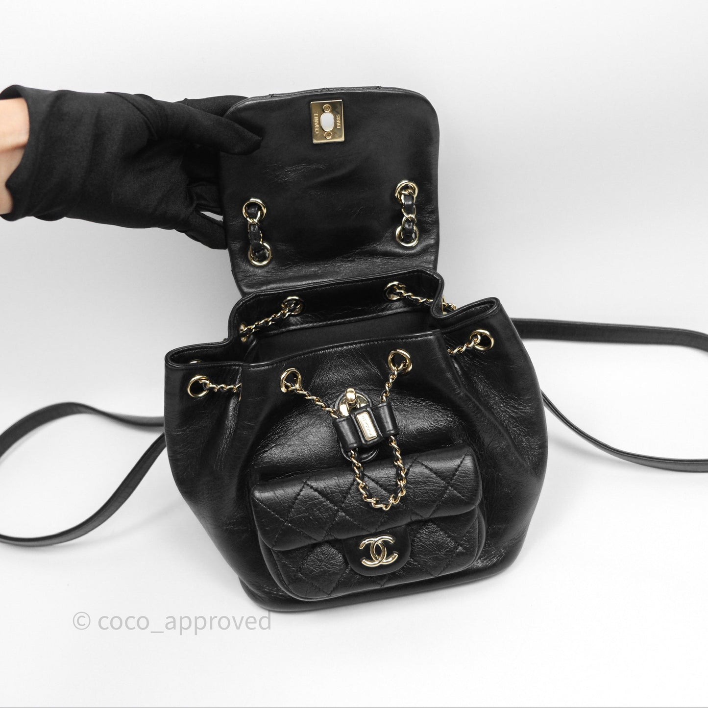 Chanel Quilted Small Duma Drawstring Backpack Black Calfskin Gold Hardware