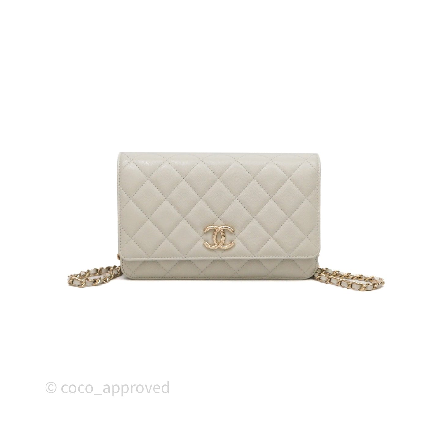 Chanel Quilted Wallet on Chain WOC Light Grey Caviar Gold Hardware 24S