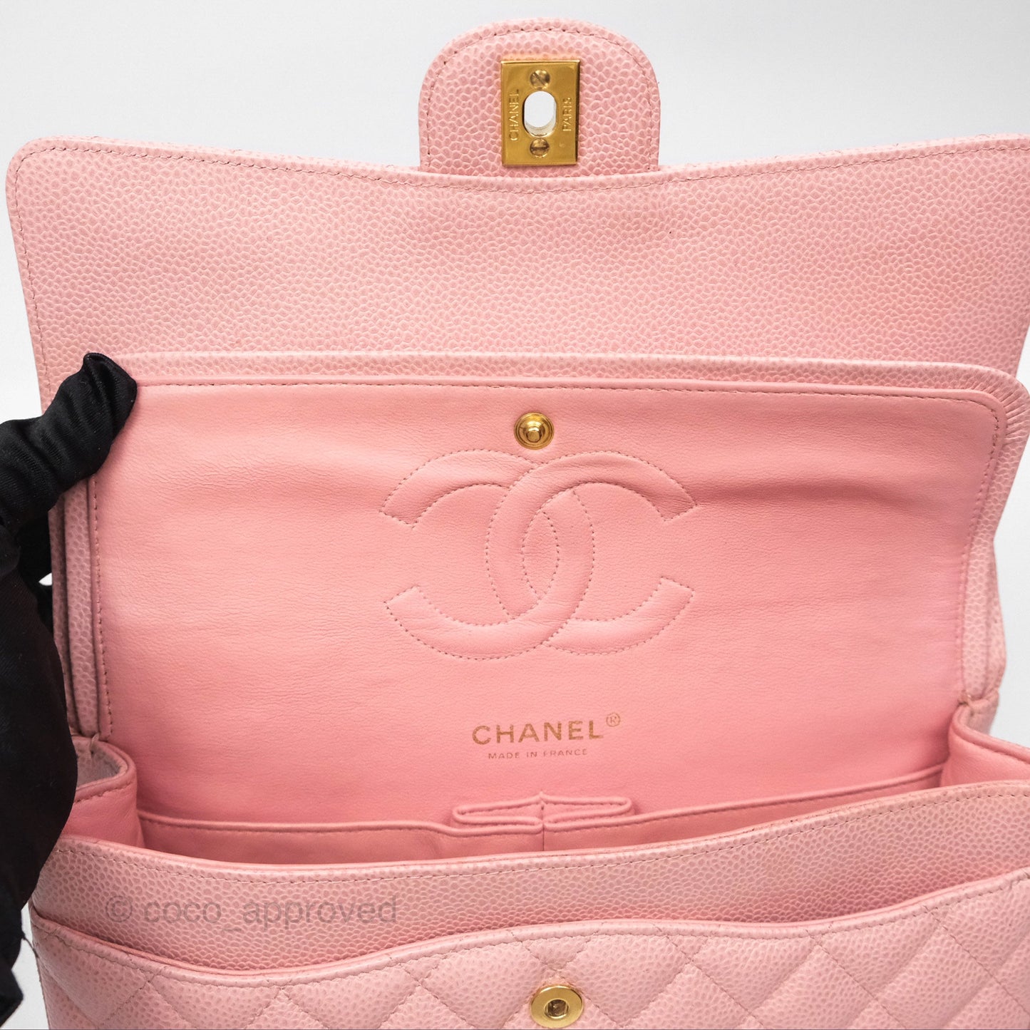Chanel Vintage Classic M/L Medium Flap Quilted Sakura Pink Caviar 24K Gold Hardware