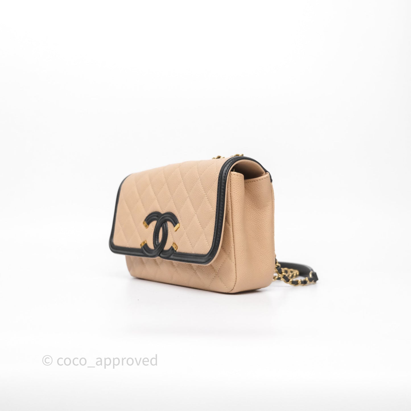 Chanel Small CC Filigree Flap Quilted Beige Black Caviar