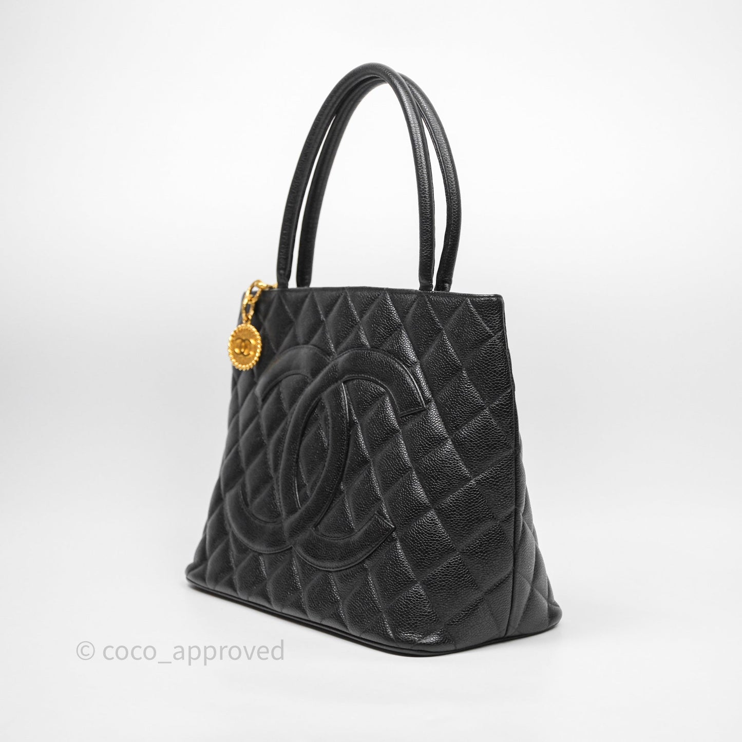 Chanel Vintage Medallion CC Tote Bag Black Caviar Gold Hardware