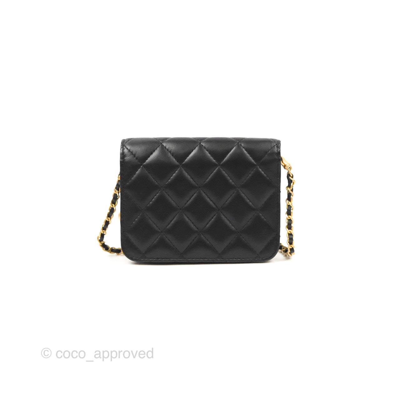 Chanel Pearl Crush Mini Clutch With Chain Black Lambskin Aged Gold Hardware