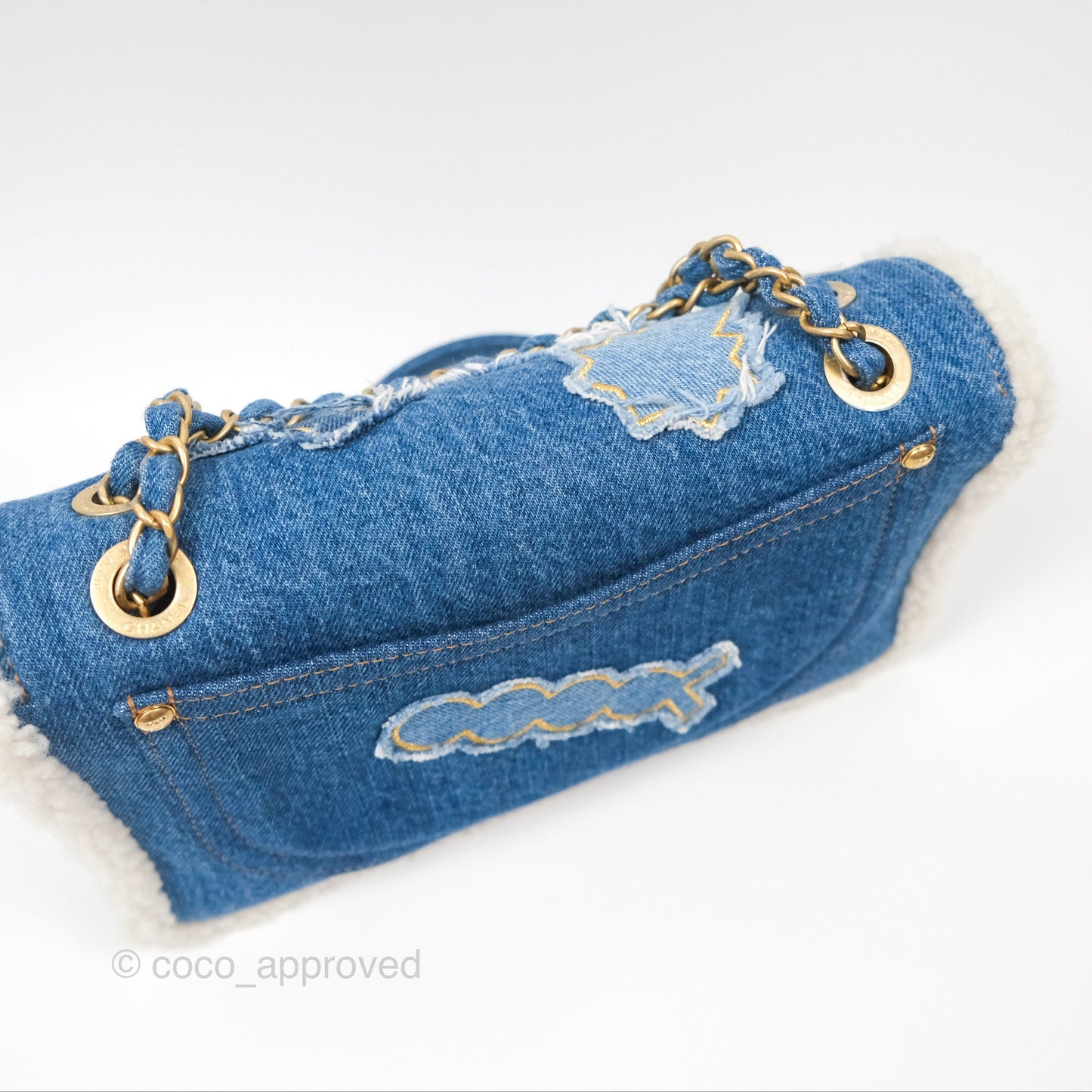 Chanel Medium Denim Shearling Hieroglyph Flap Bag Aged Gold Hardware