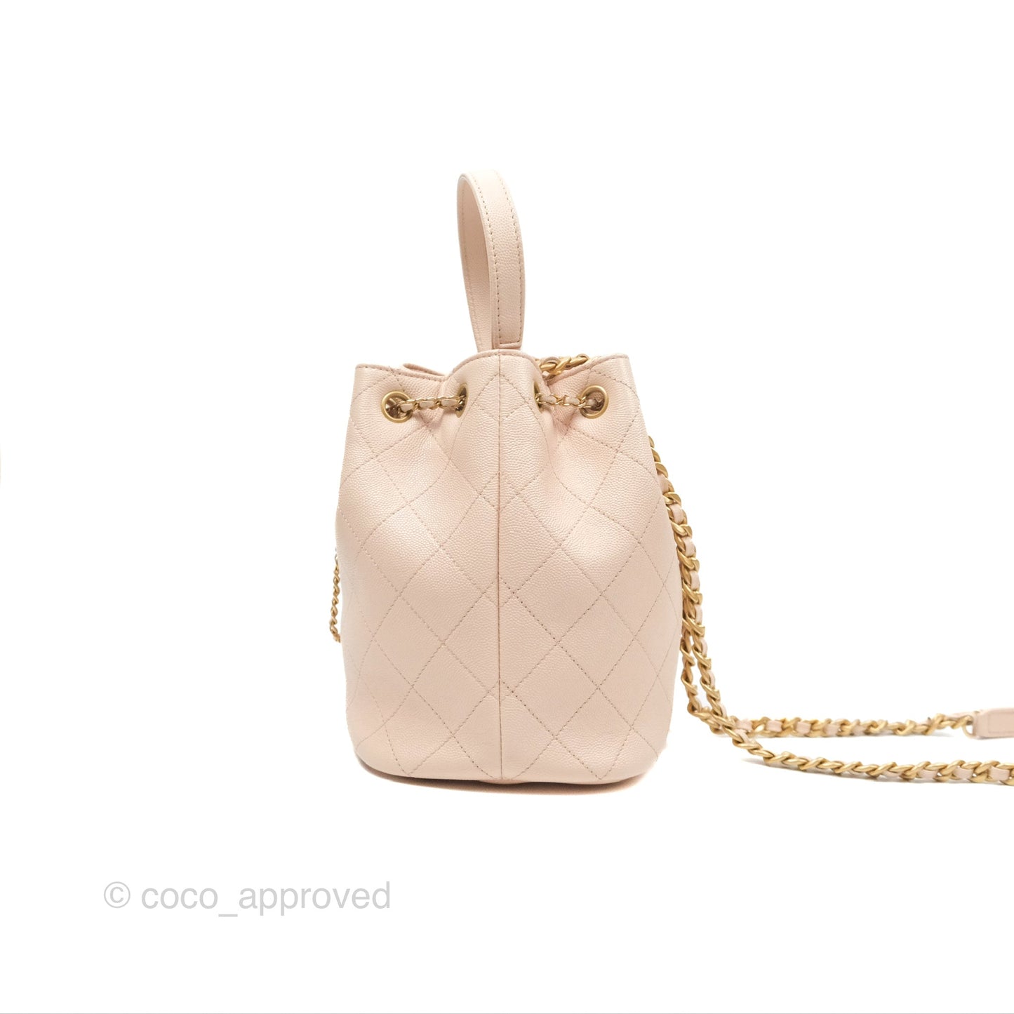 Chanel Quilted Top Handle Drawstring Bucket Bag Pink Caviar Aged Gold Hardware
