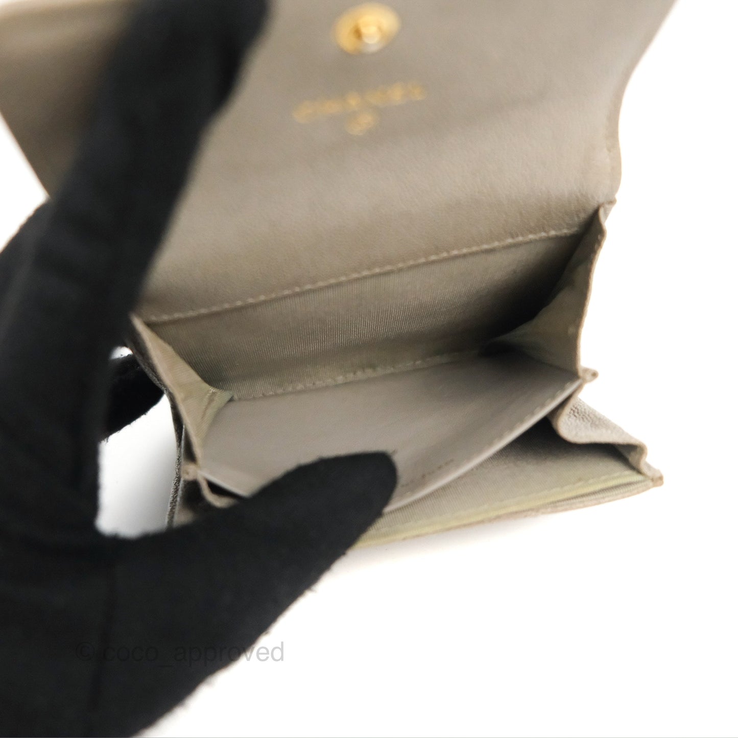 Chanel Quilted Boy Flap Card Holder Taupe Grey Caviar Aged Gold Hardware