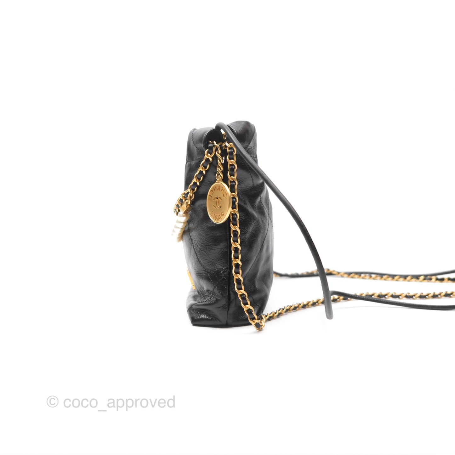 Chanel 22 Quilted Logo Mini Bag with Pearl Chain Black Shiny Crumpled Calfskin
